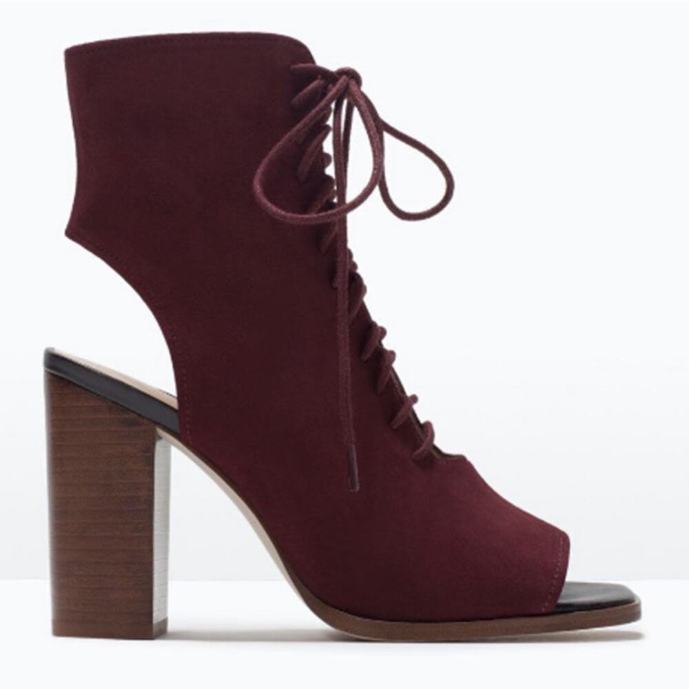 Zara Burgundy Leather Lace Up Open Toe High Heeled Booties